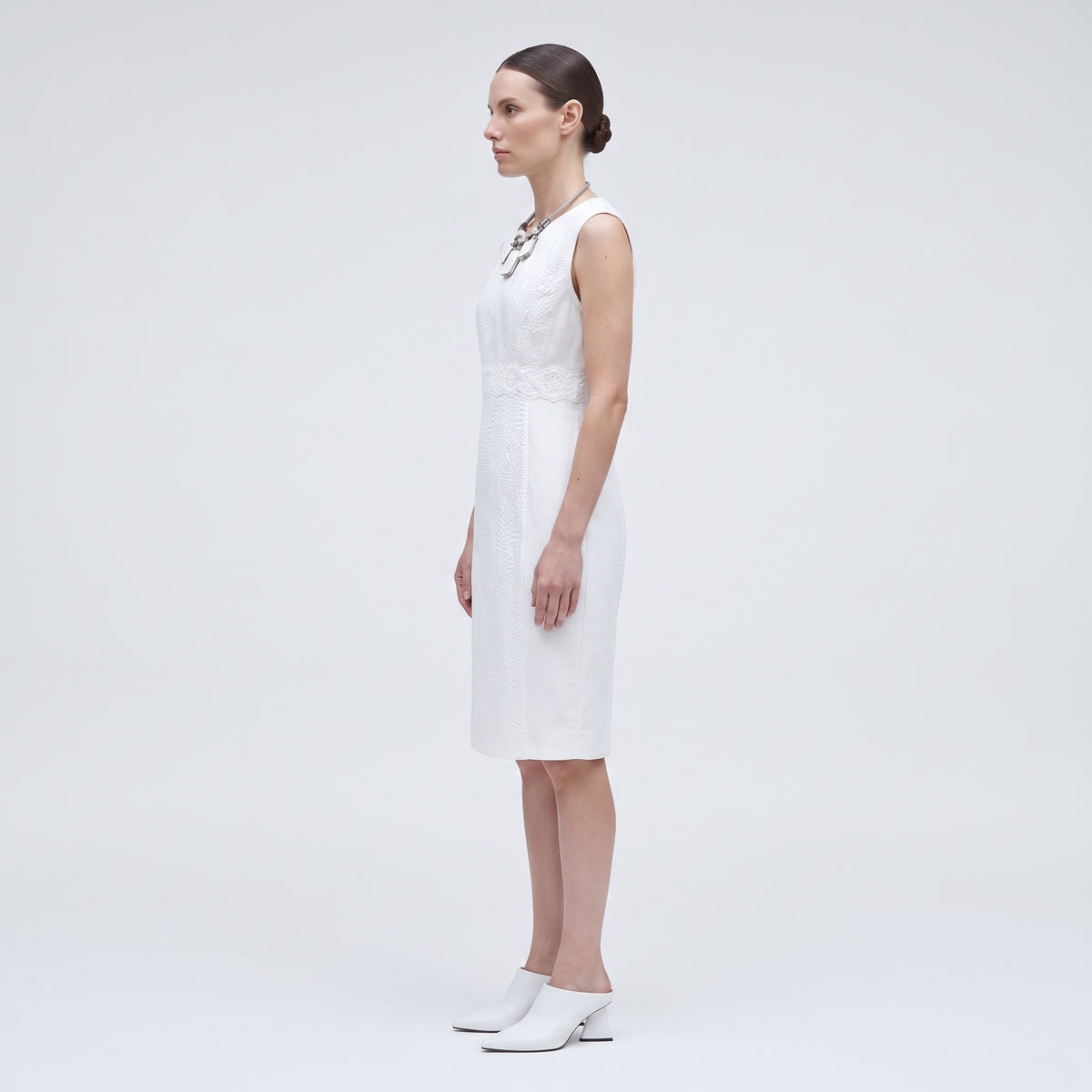 Textured Embroidered White Sheath Dress