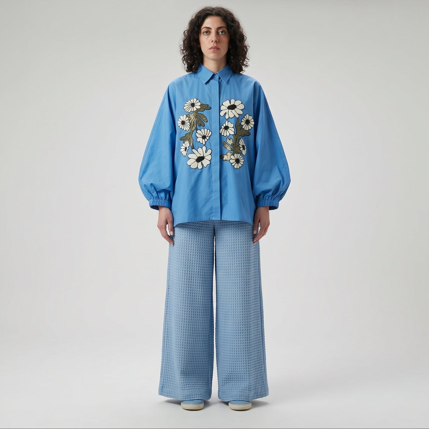 Embroidered Floral Oversized Blue Shirt
