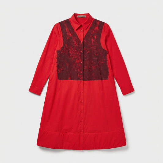 Red Printed Panel Shirt Dress