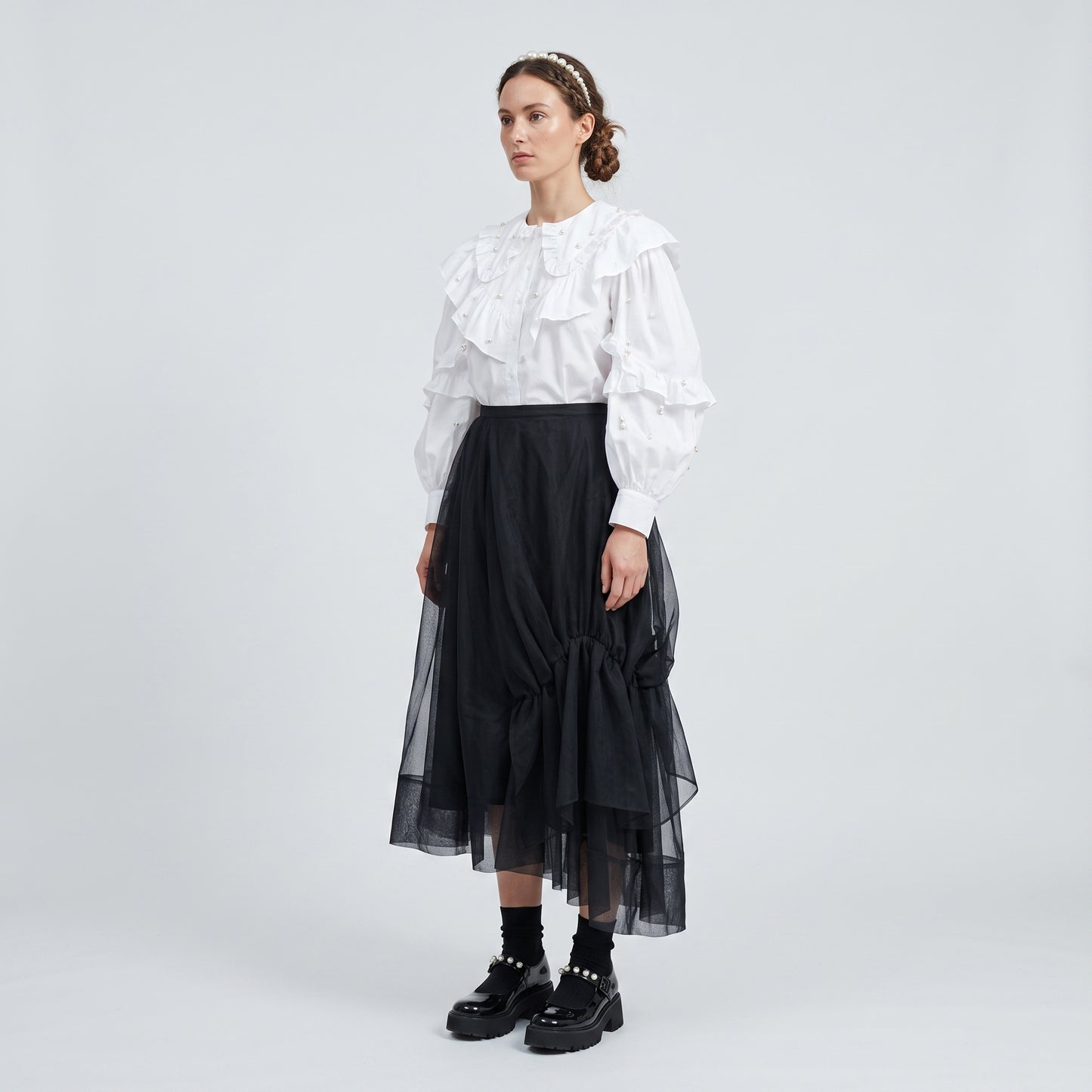 Asymmetric Ruched Tulle Midi Skirt