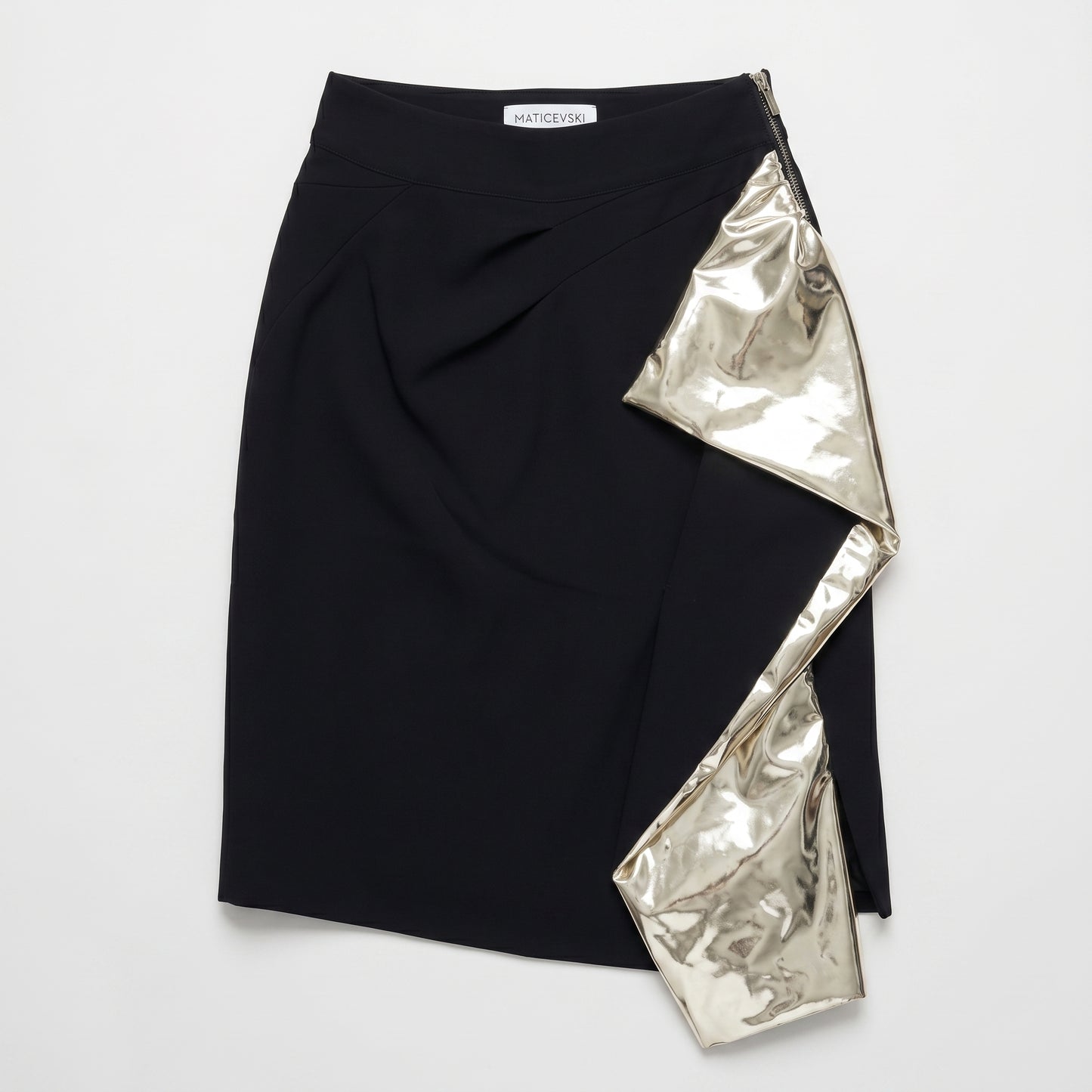 Draped Metallic-Panel Crepe Skirt