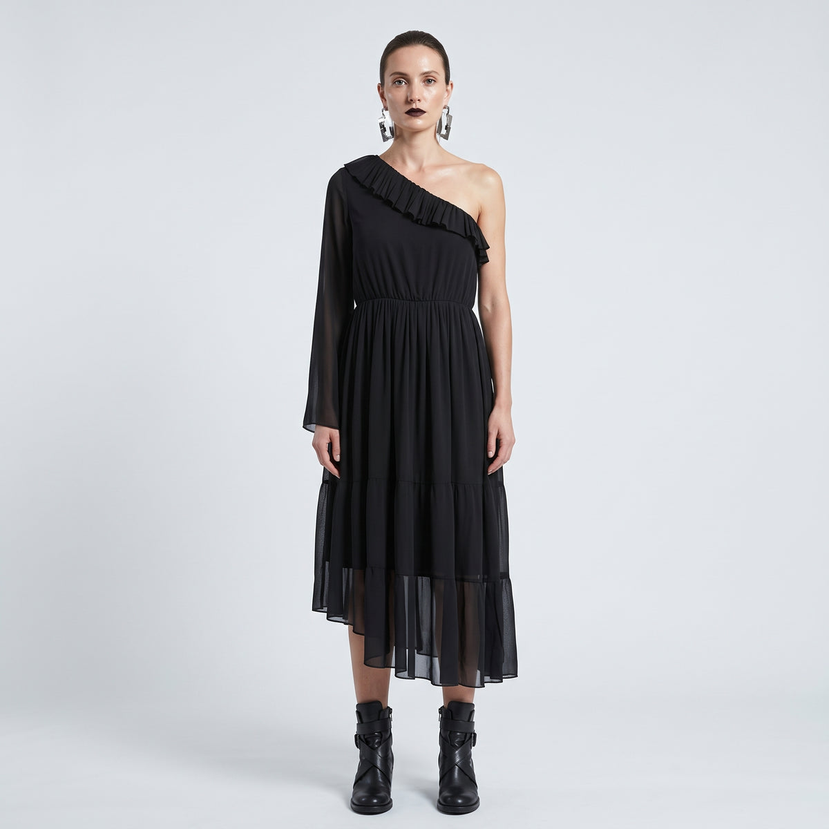 One-Shoulder Pleated Ruffle Dress
