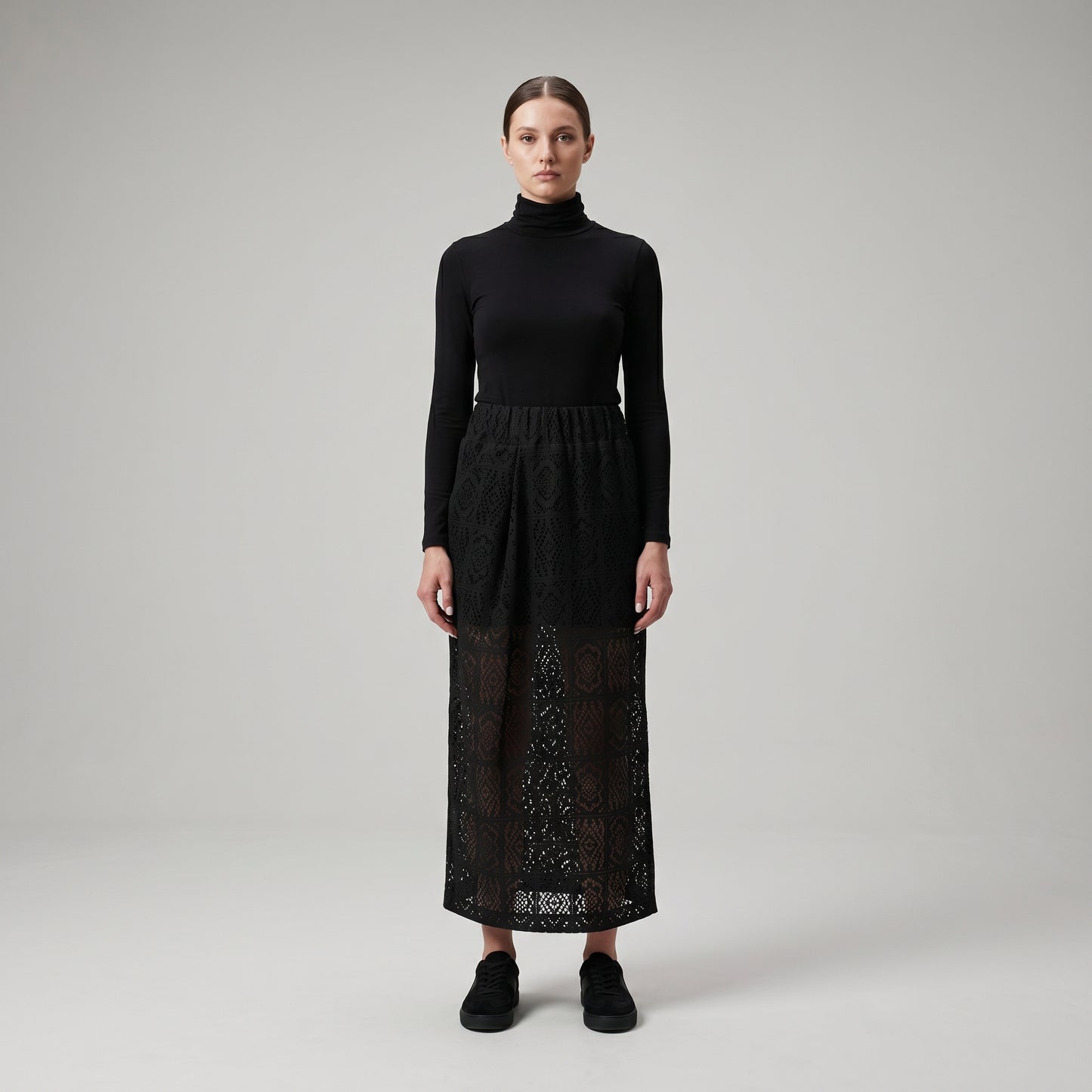 Elegant Black Eyelet Midi Skirt