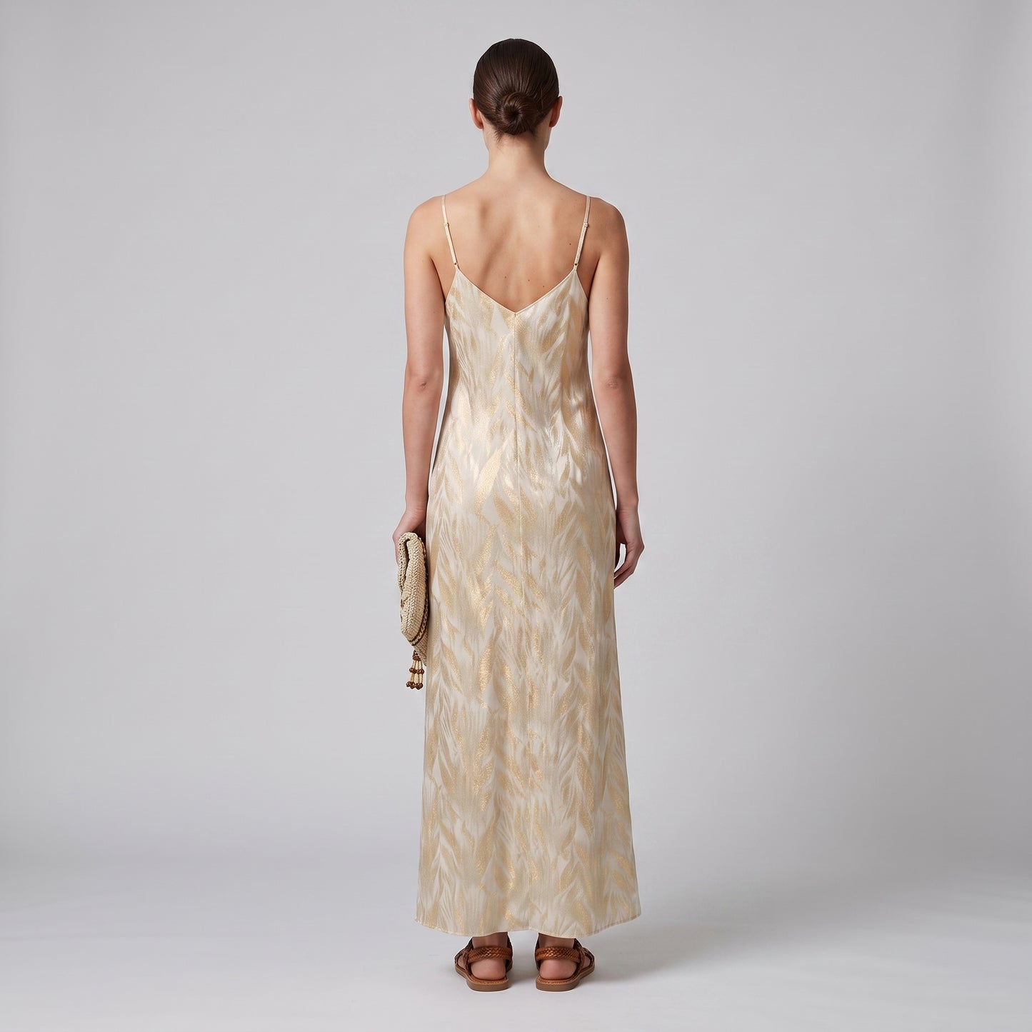 Metallic Leaf Print Slip Dress