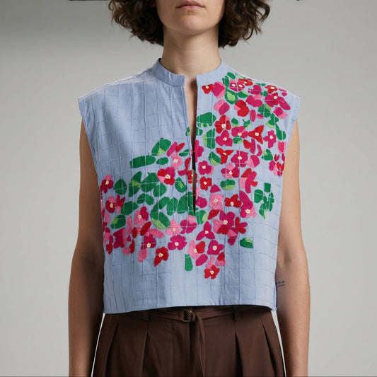 Floral Embroidered Mandarin Collar Vest