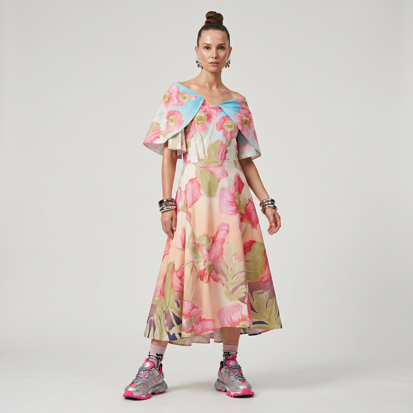 Floral Cape Effect Flare Dress
