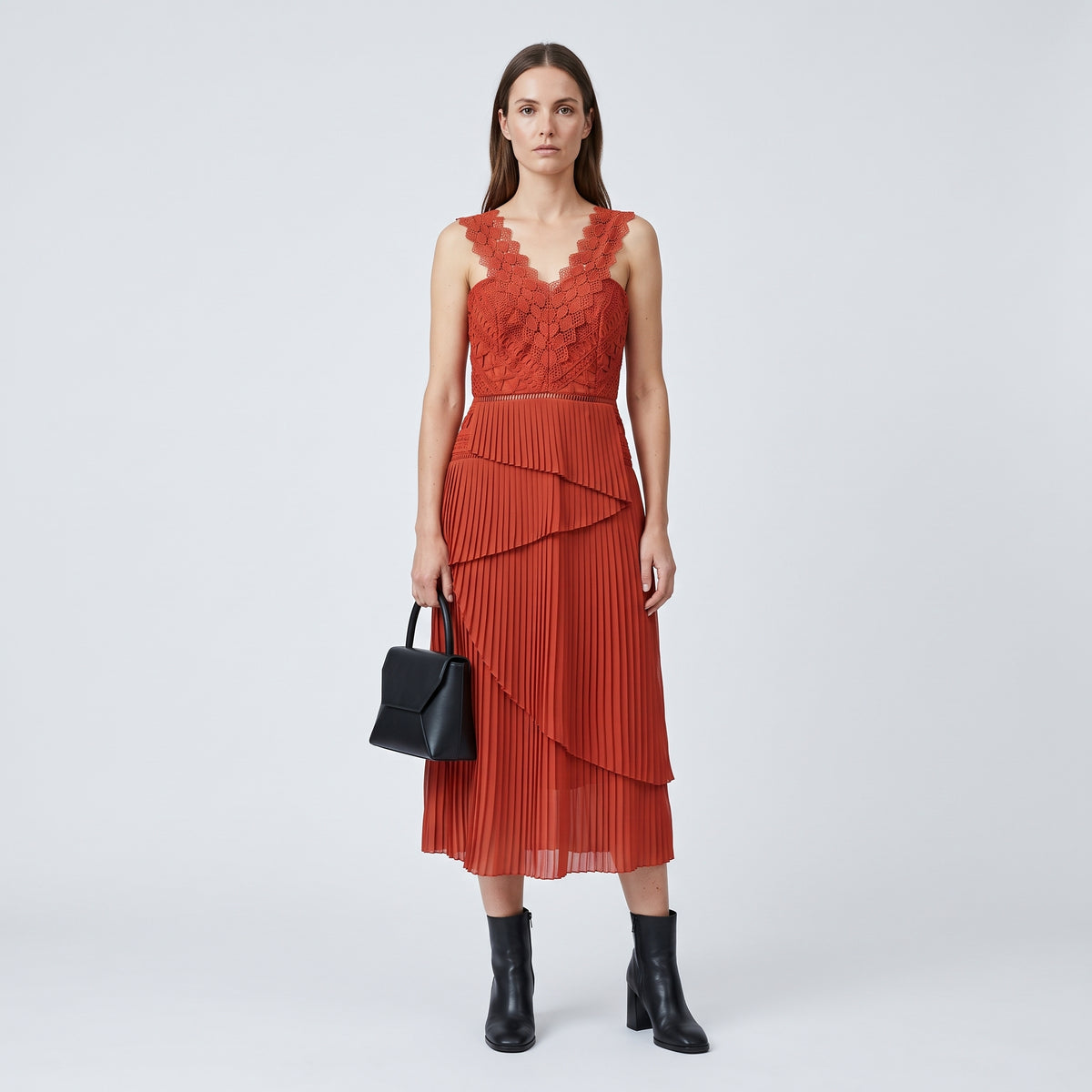 Rust Pleated Lace Midi Dress
