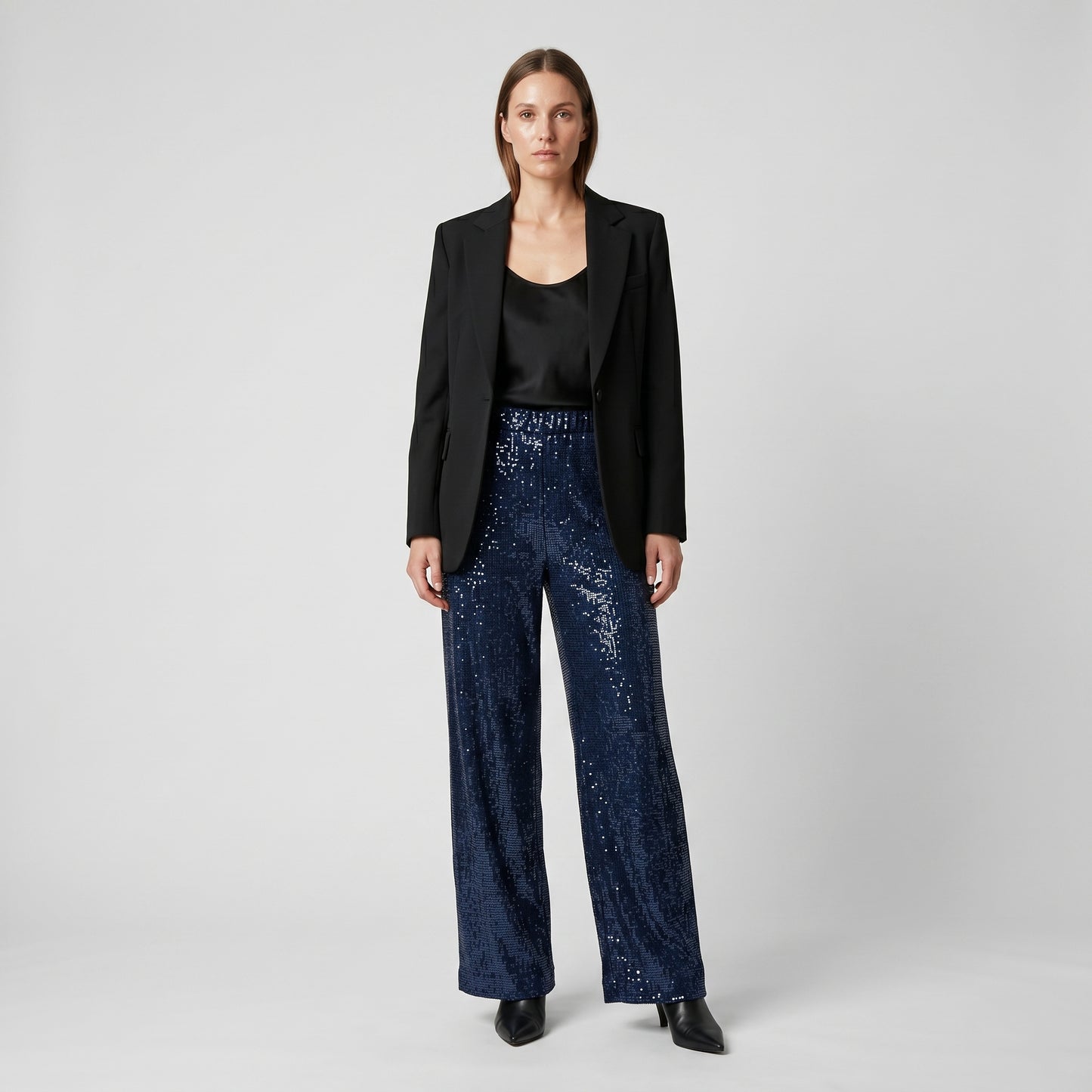 Navy Sequined Wide Leg Trousers