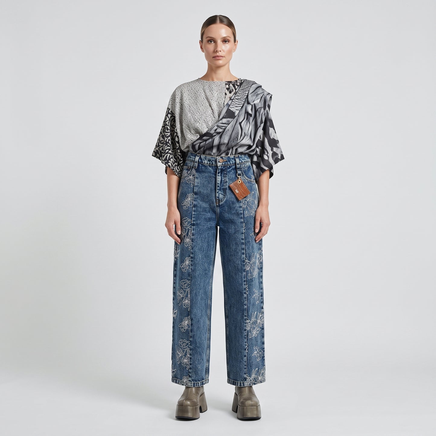 Floral Embroidered Acid Wash Jeans