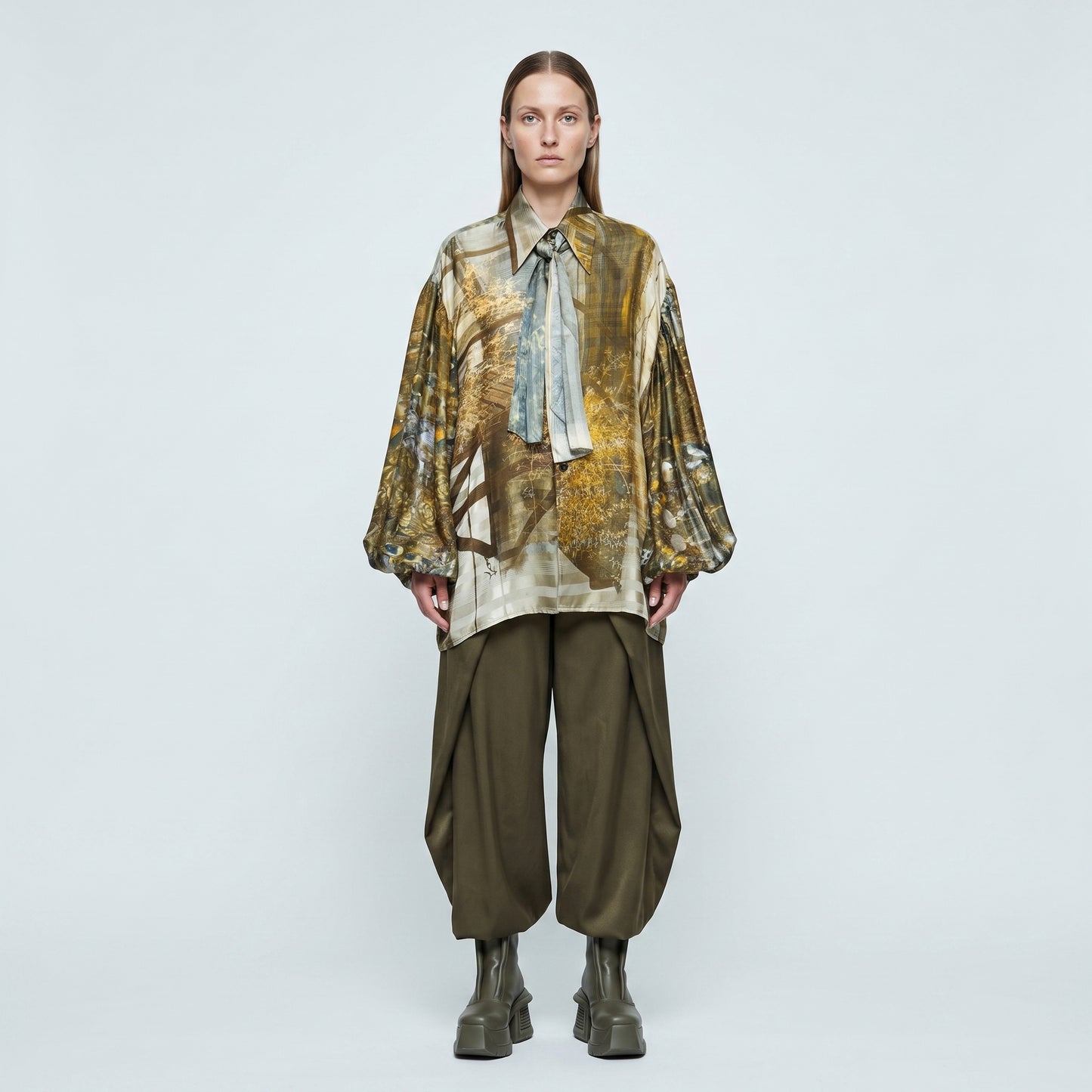 Abstract Print Silk Tie Blouse