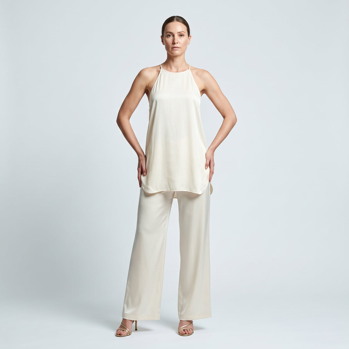 Sleeveless Cream Satin Tank Dress