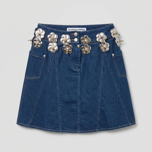 Embellished Flower Denim Mini Skirt