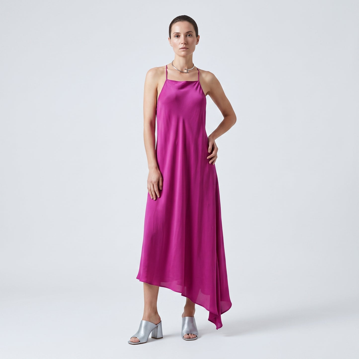 Magenta Asymmetric Halter Dress