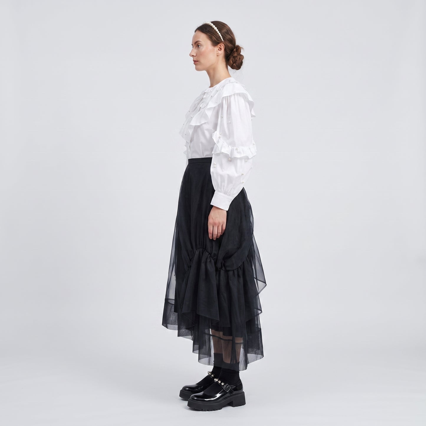 Asymmetric Ruched Tulle Midi Skirt