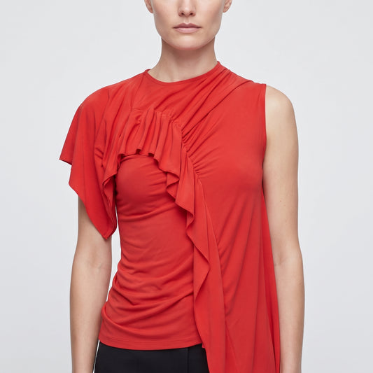 Asymmetric Ruffled Red Top