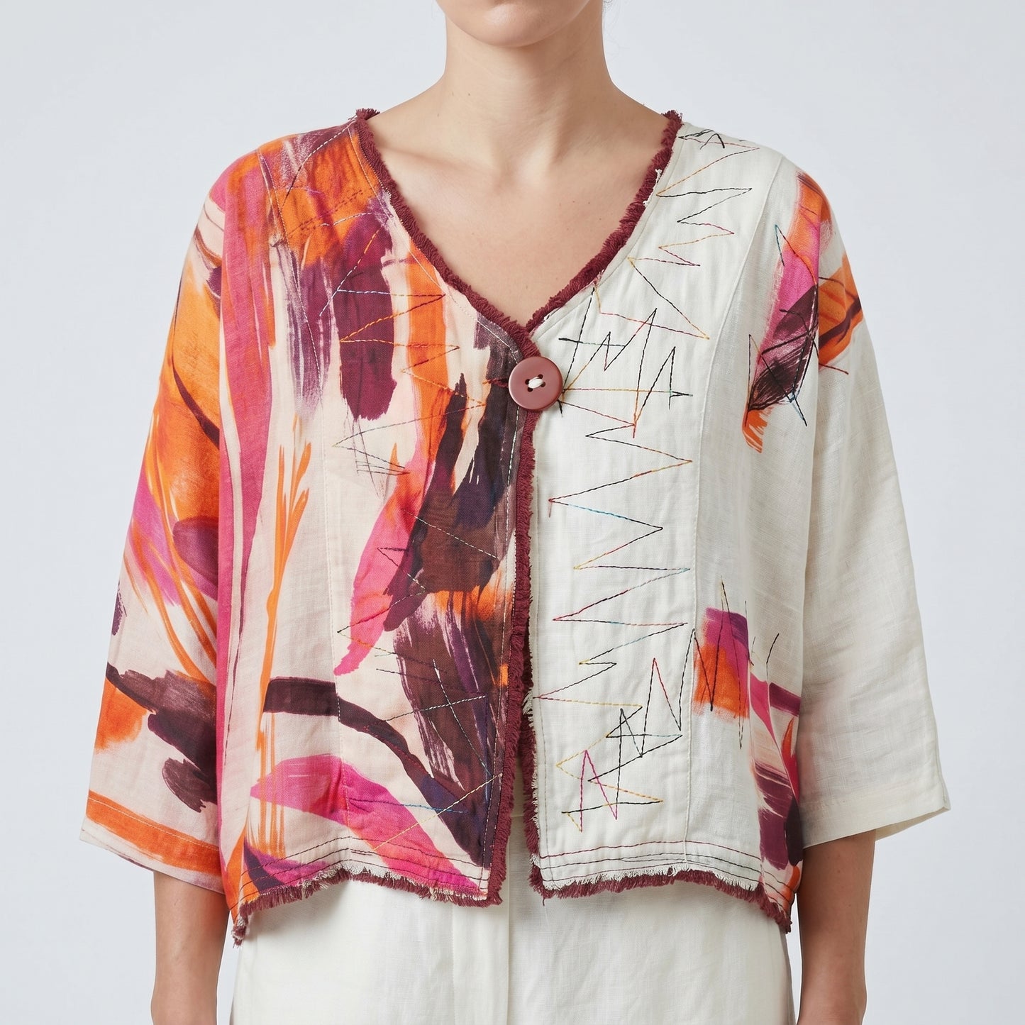 Abstract Print Linen Cropped Jacket