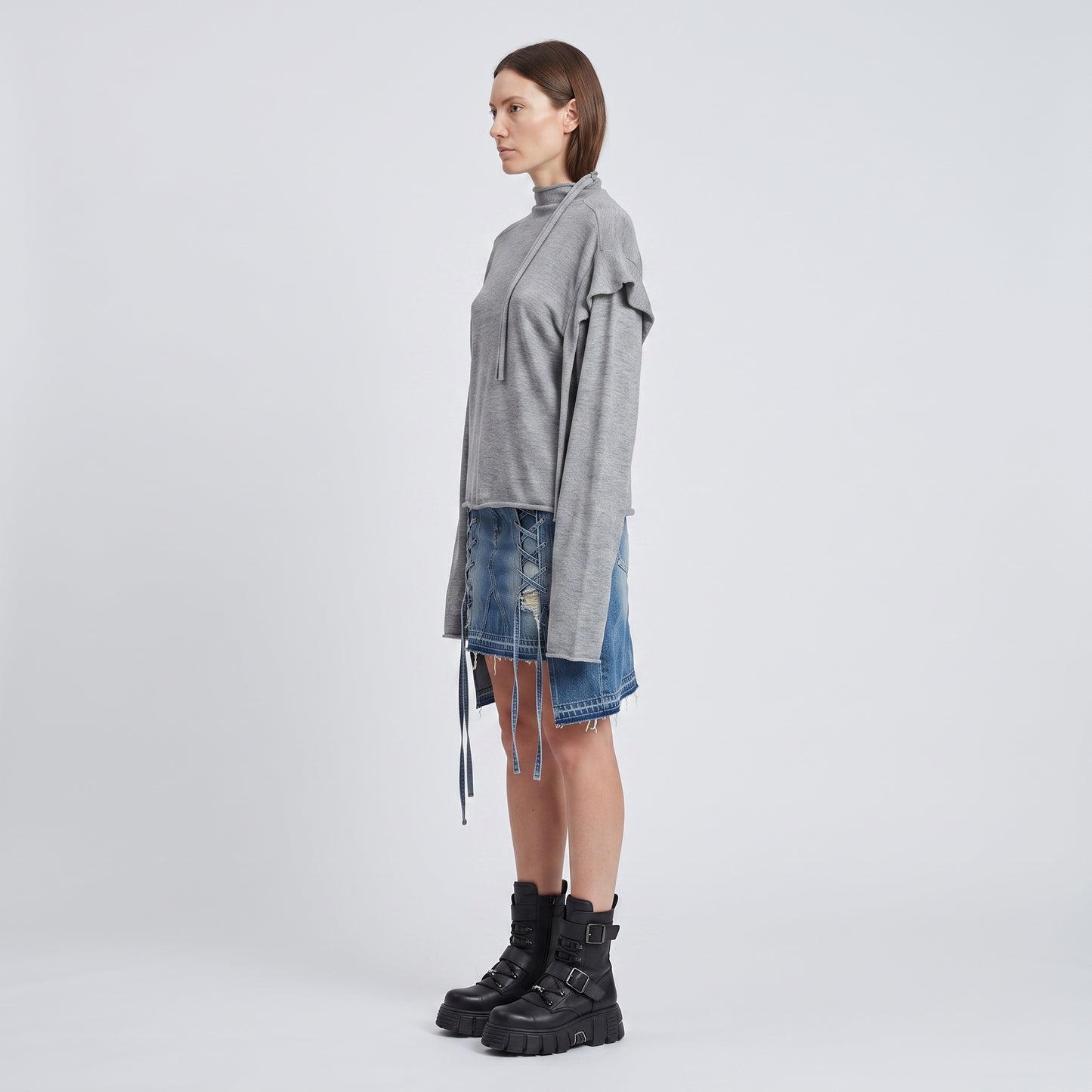 Asymmetric Grey Mock-Neck Top