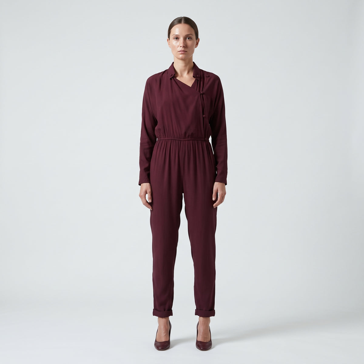 Burgundy Buttoned Silk Jumpsuit