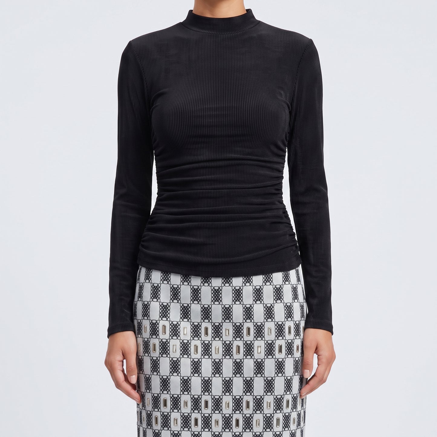 Ruched Mock Neck Mini Dress