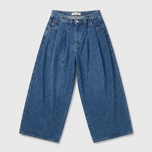 Pleated Wide Leg Denim Jeans