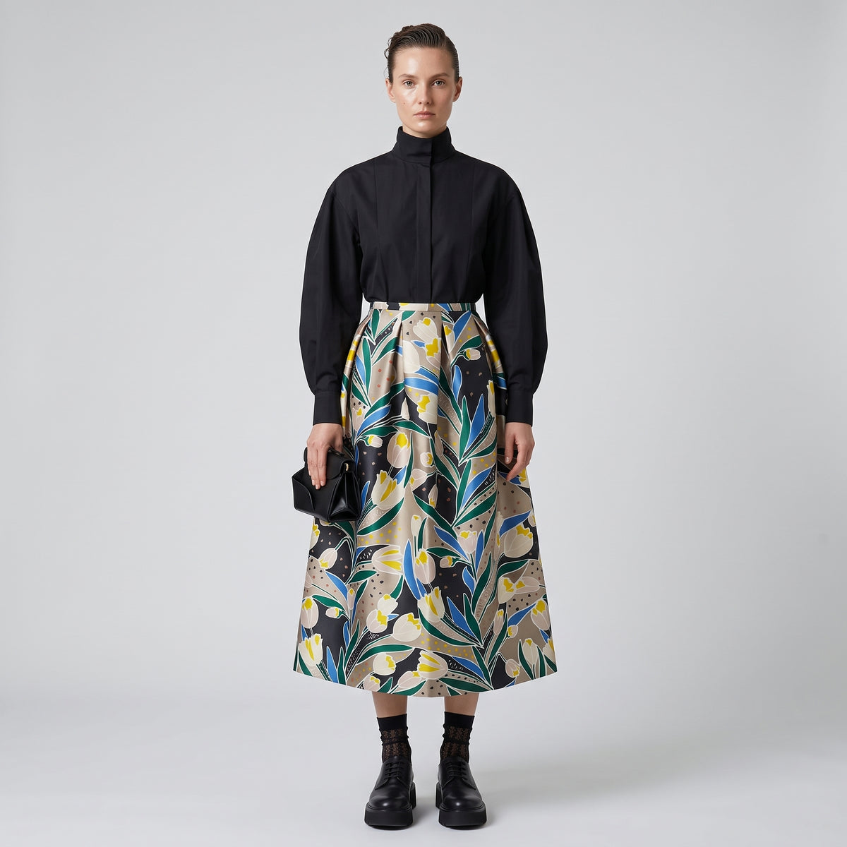 Floral Print Pleated Midi Skirt