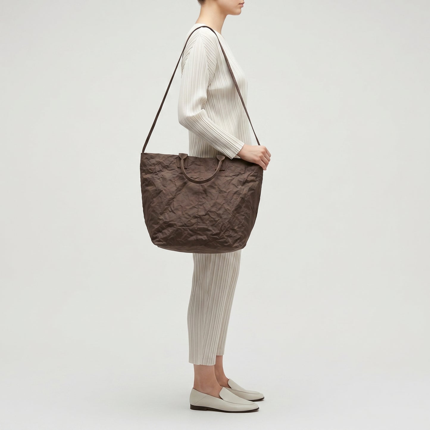 Brown Crinkled Nylon Tote Bag