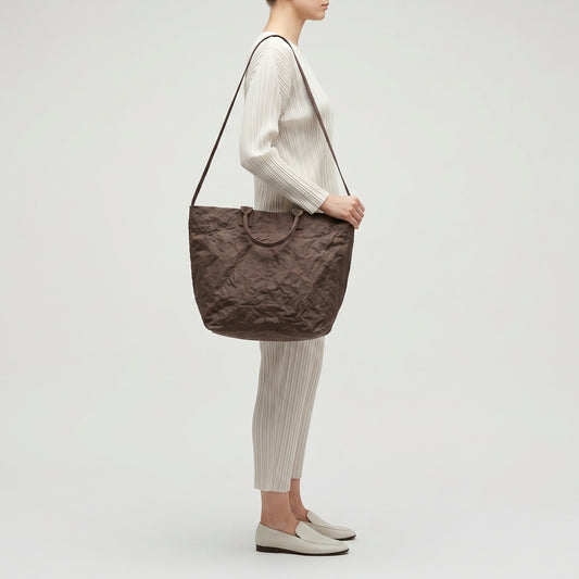 Brown Crinkled Nylon Tote Bag