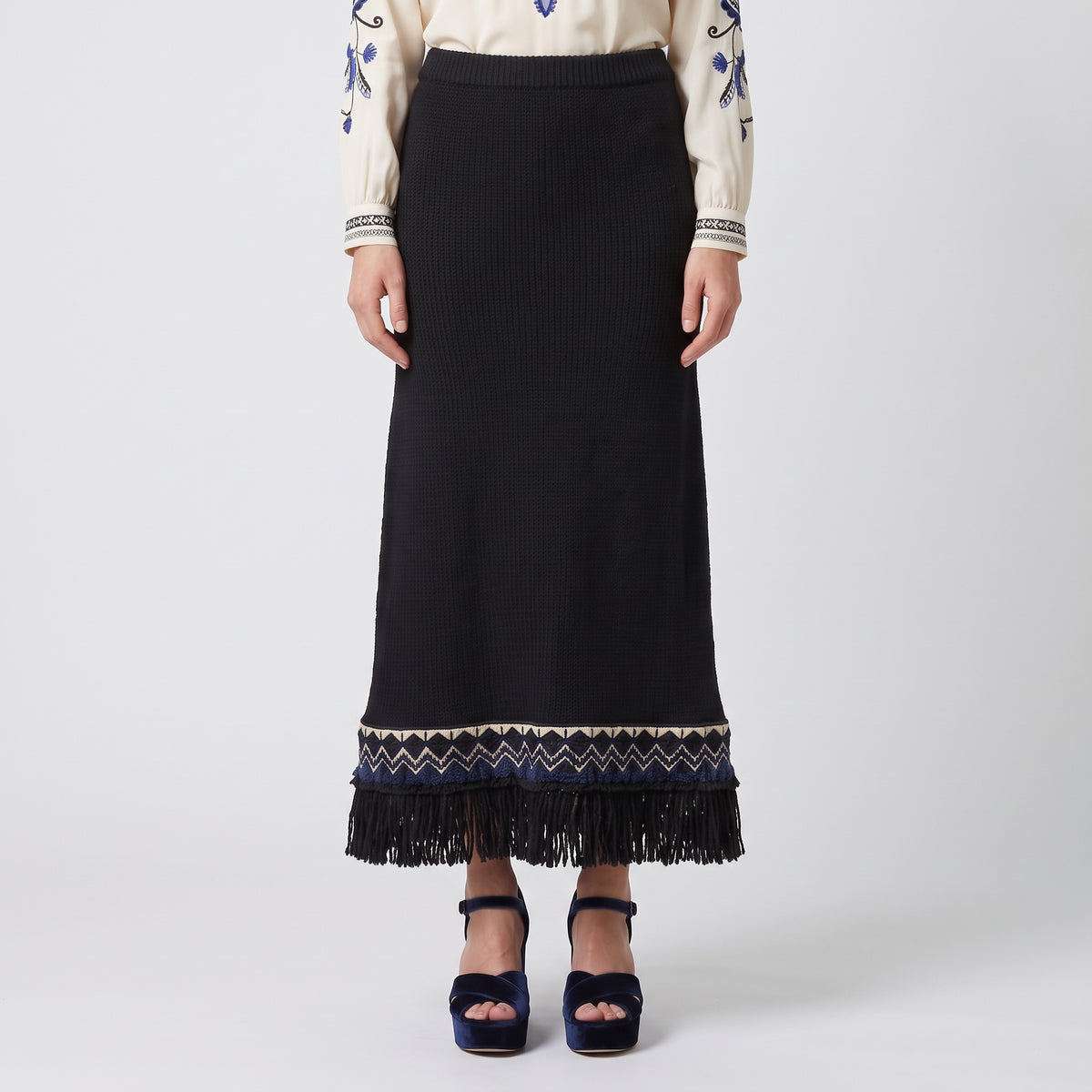 Embroidered Fringe Knit Midi Skirt