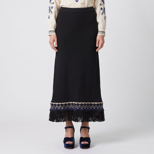 Embroidered Fringe Knit Midi Skirt
