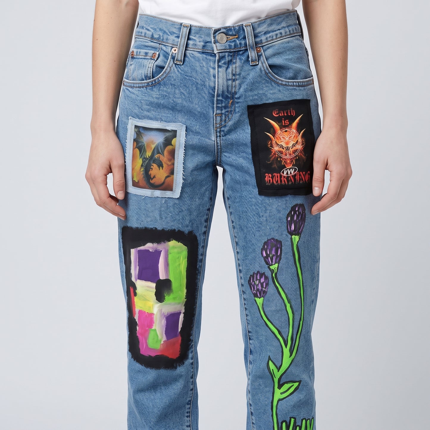 Graphic Patchwork Straight Leg Jeans