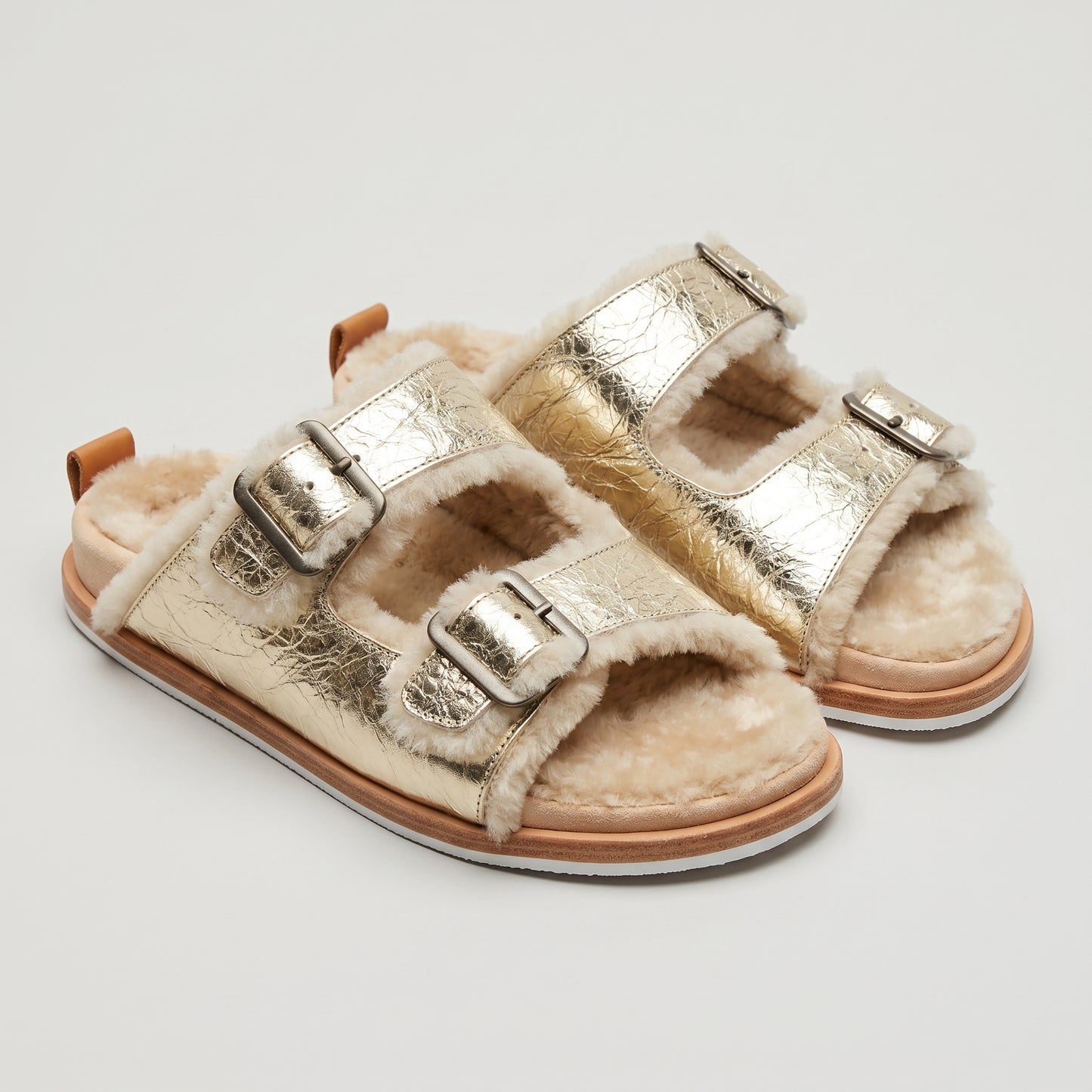 Metallic Shearling Double Strap Sandals