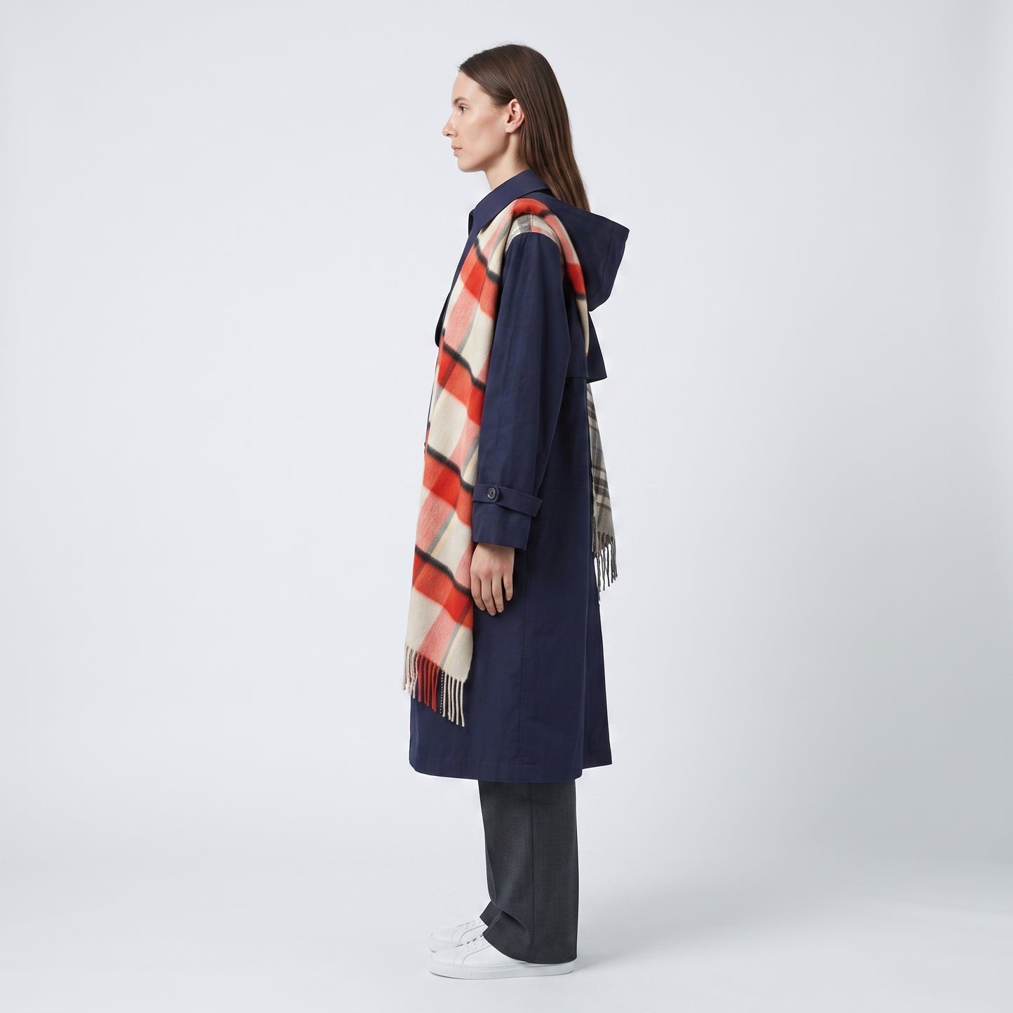 Plaid Accent Double-Breasted Coat