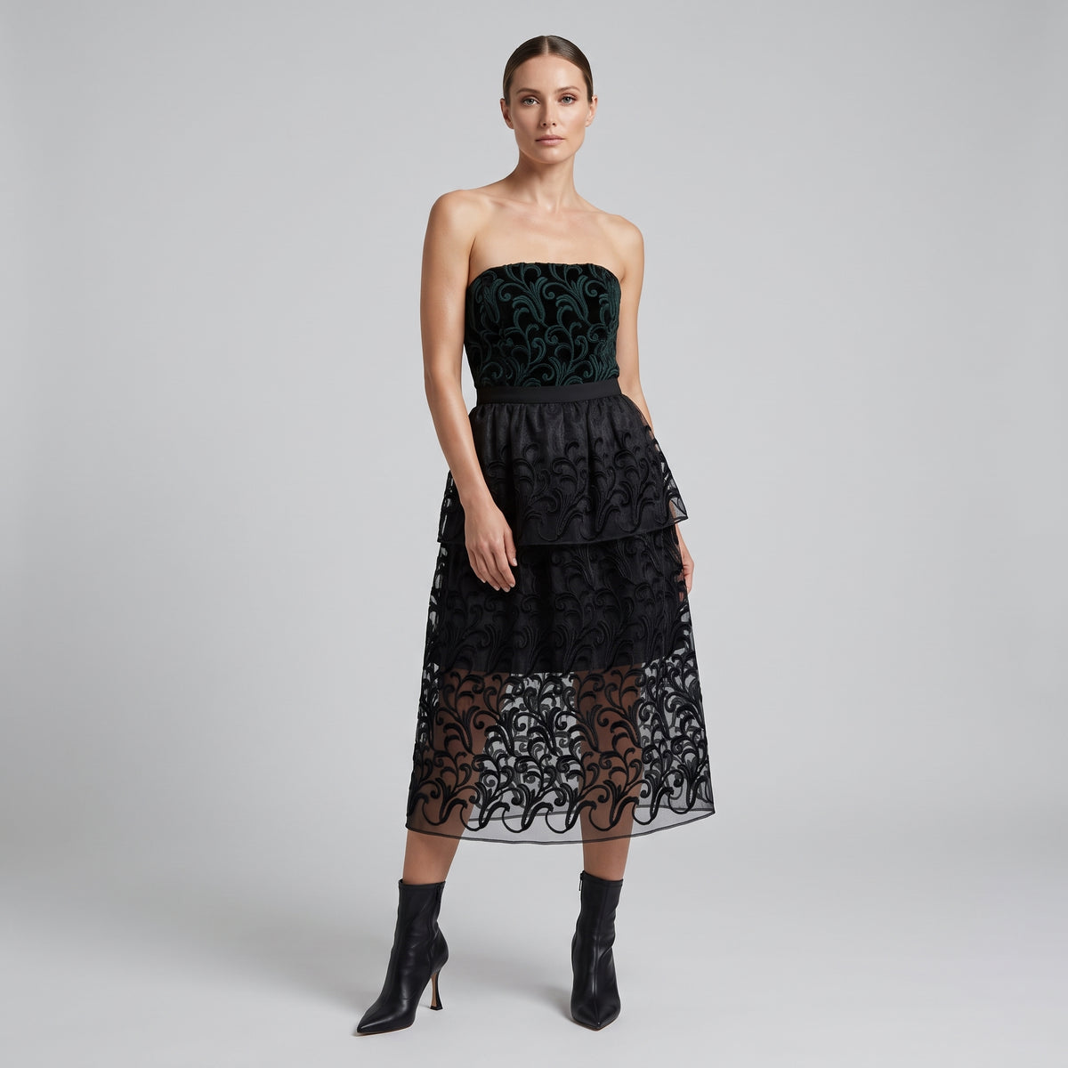 Embroidered Tiered Strapless Midi Dress