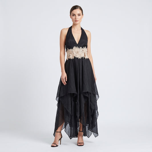 Floral Embellished Asymmetric Halter Dress