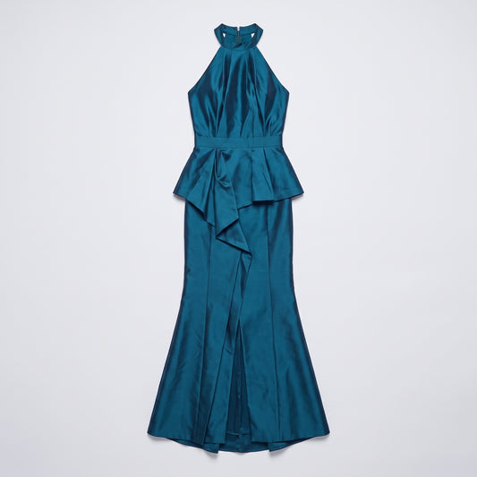 Teal Halter Peplum Evening Gown