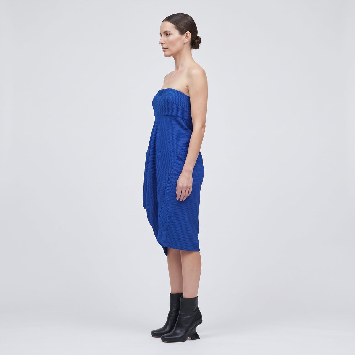 Sculptural Strapless Cobalt Mini Dress