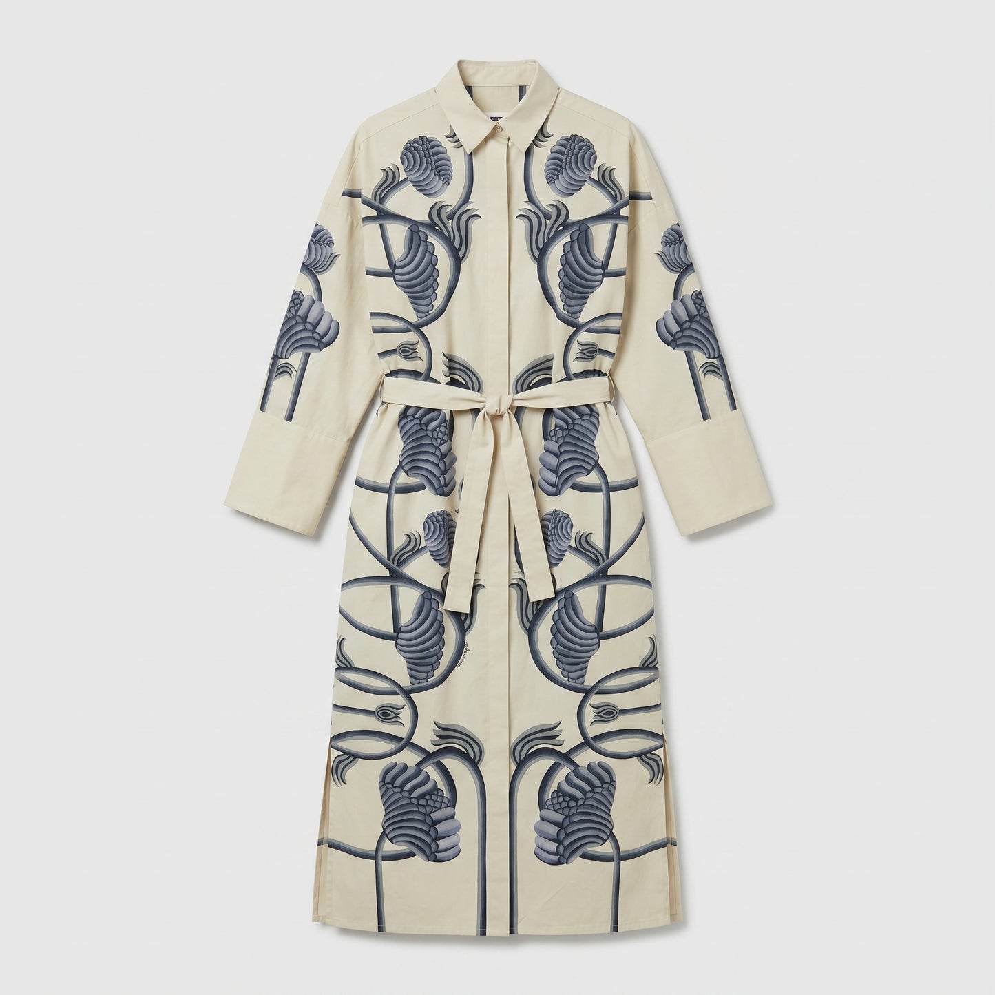 Embroidered Floral Belted Coat Dress