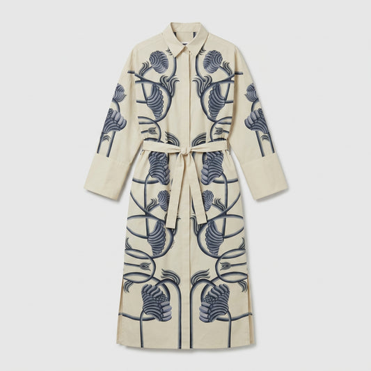 Embroidered Floral Belted Coat Dress