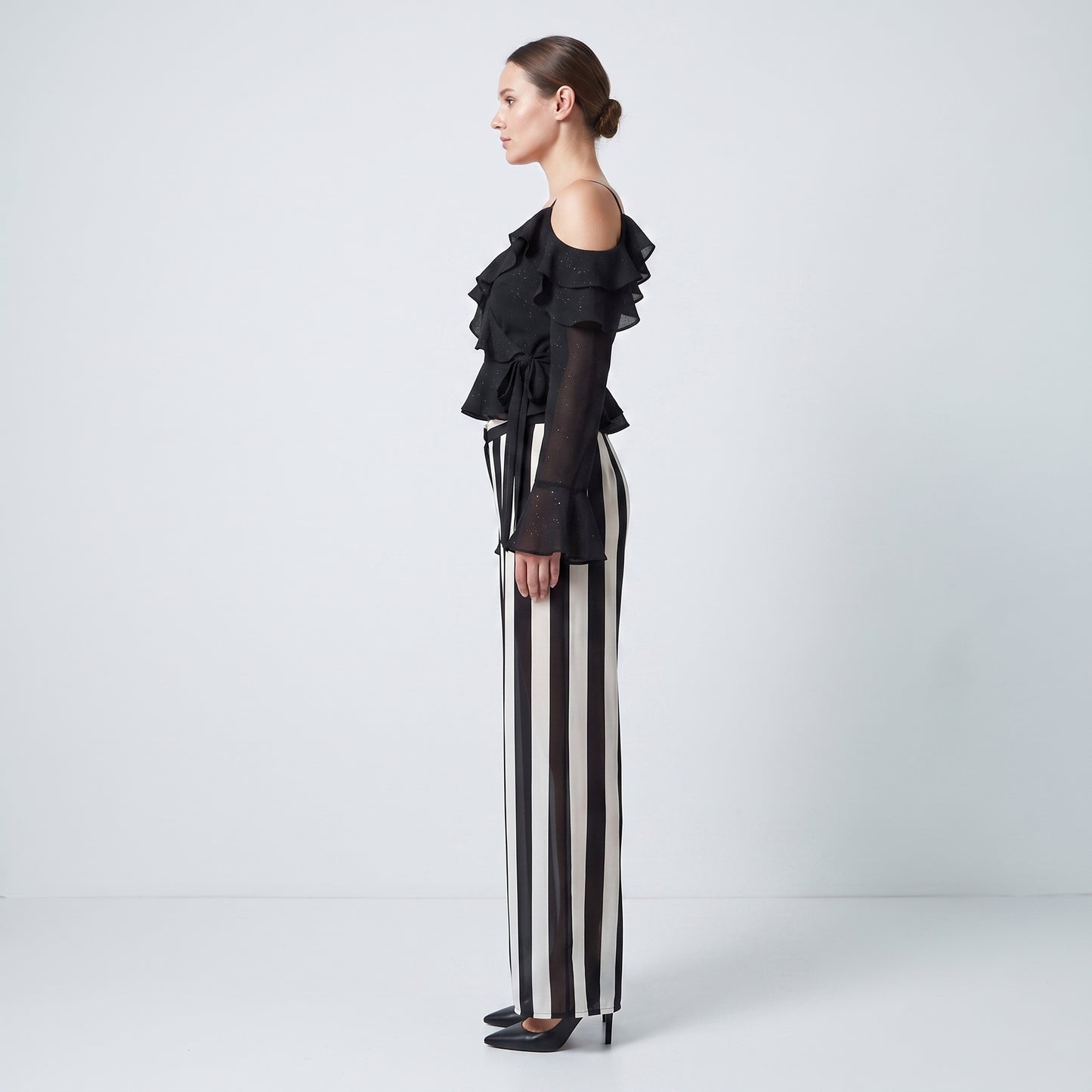 Shimmering Cold-Shoulder Ruffle Top