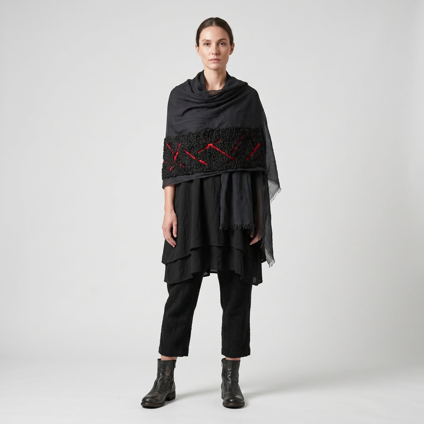 Embroidered Grey Raw Edge Scarf