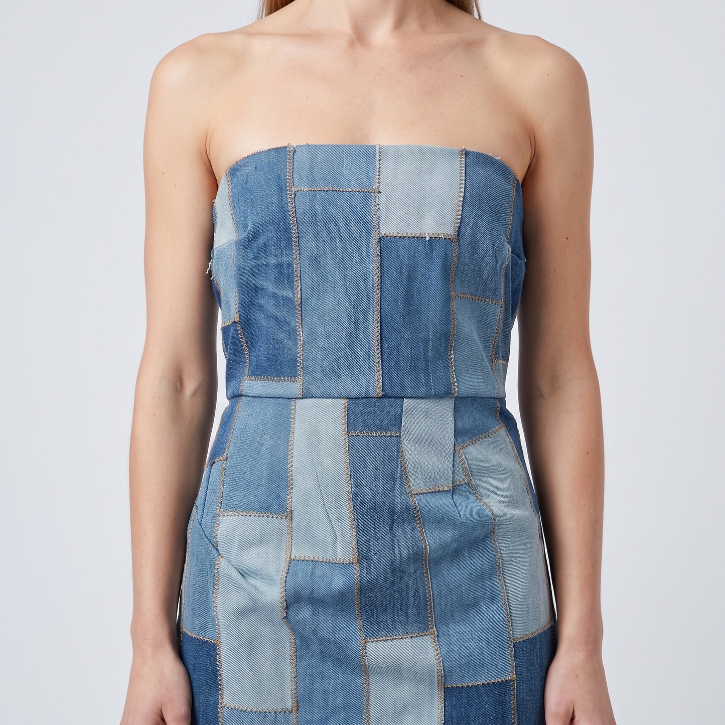 Patchwork Denim Strapless Midi Dress