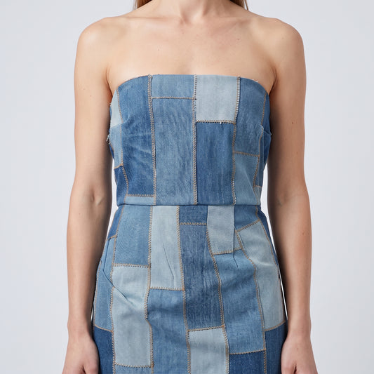 Patchwork Denim Strapless Midi Dress