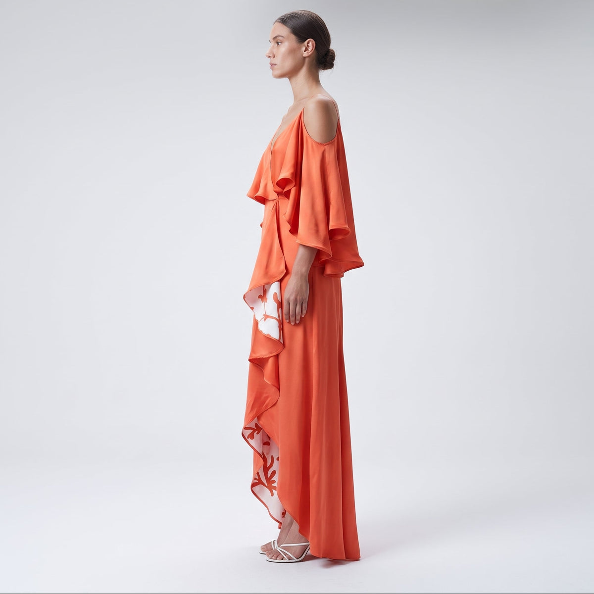 Ruffled Cold Shoulder Silk Dress
