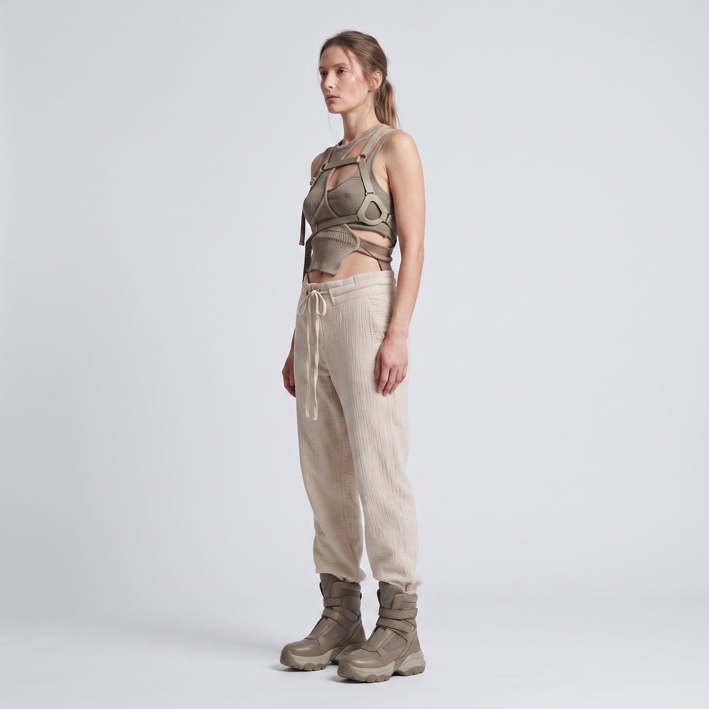 Textured Drawstring Beige Trousers