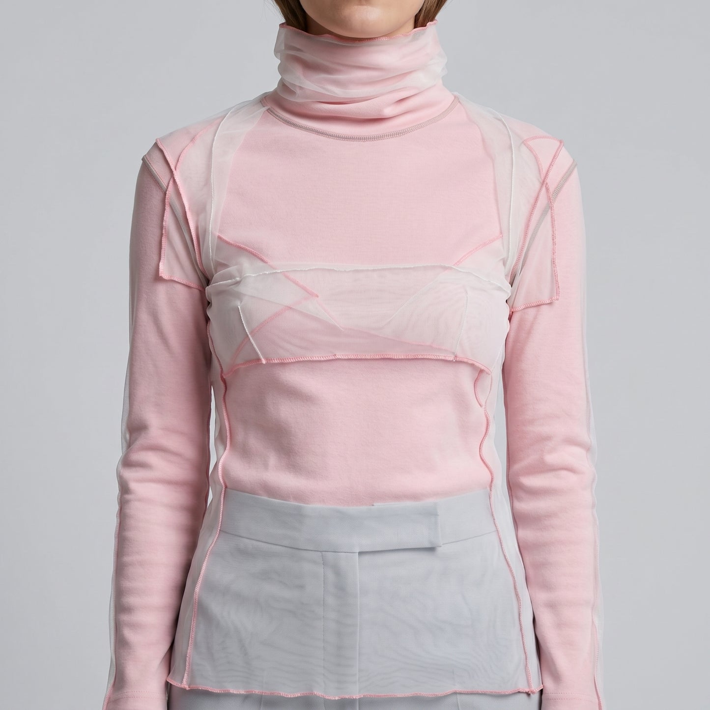 Layered Mesh Pink Turtleneck Top
