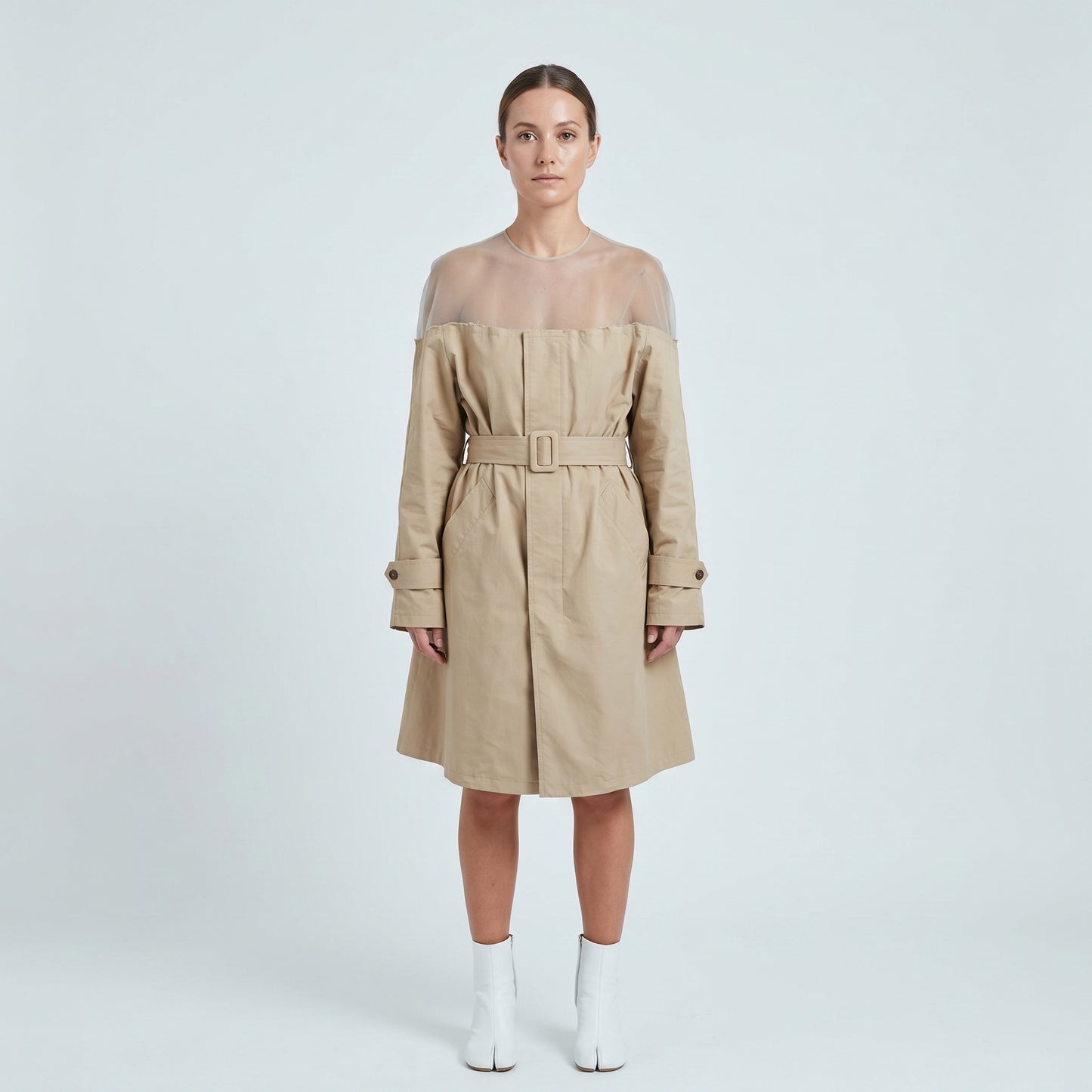 Sheer Yoke Belted Trench Coat