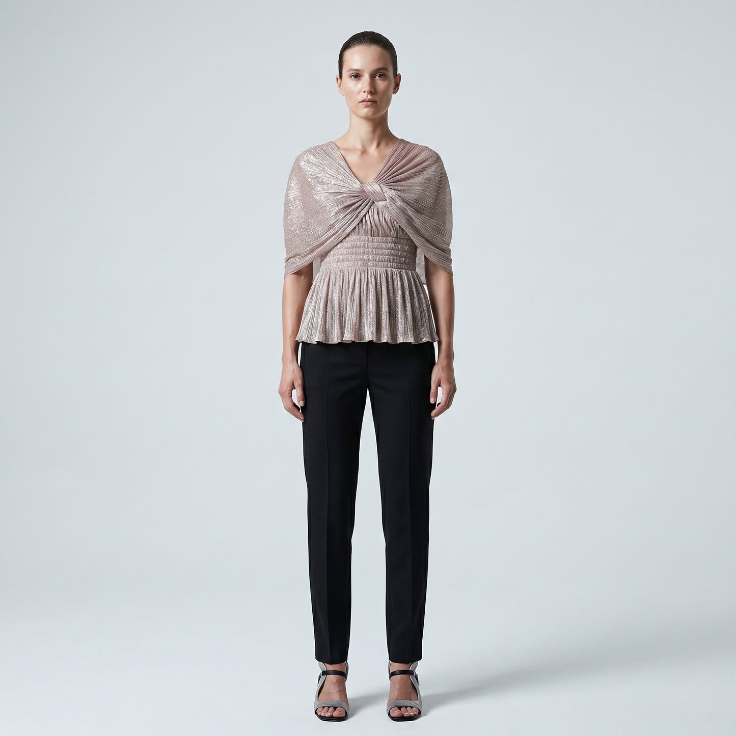 Metallic Pleated V-Neck Top