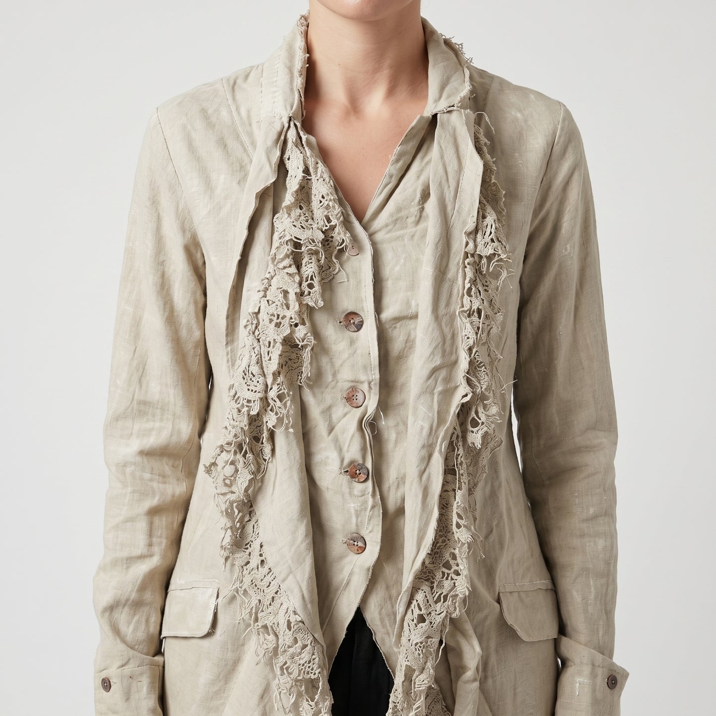 Deconstructed Lace Trim Linen Coat
