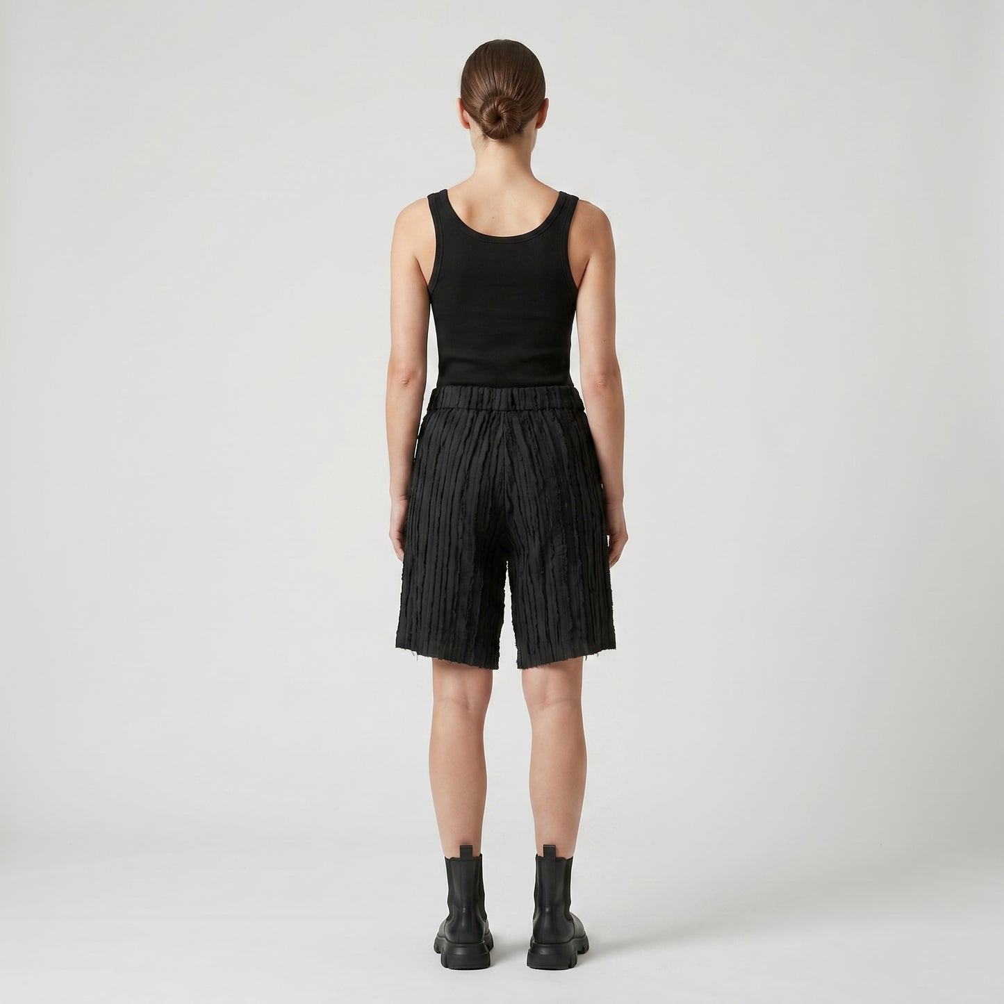 Textured Fringed Black Shorts