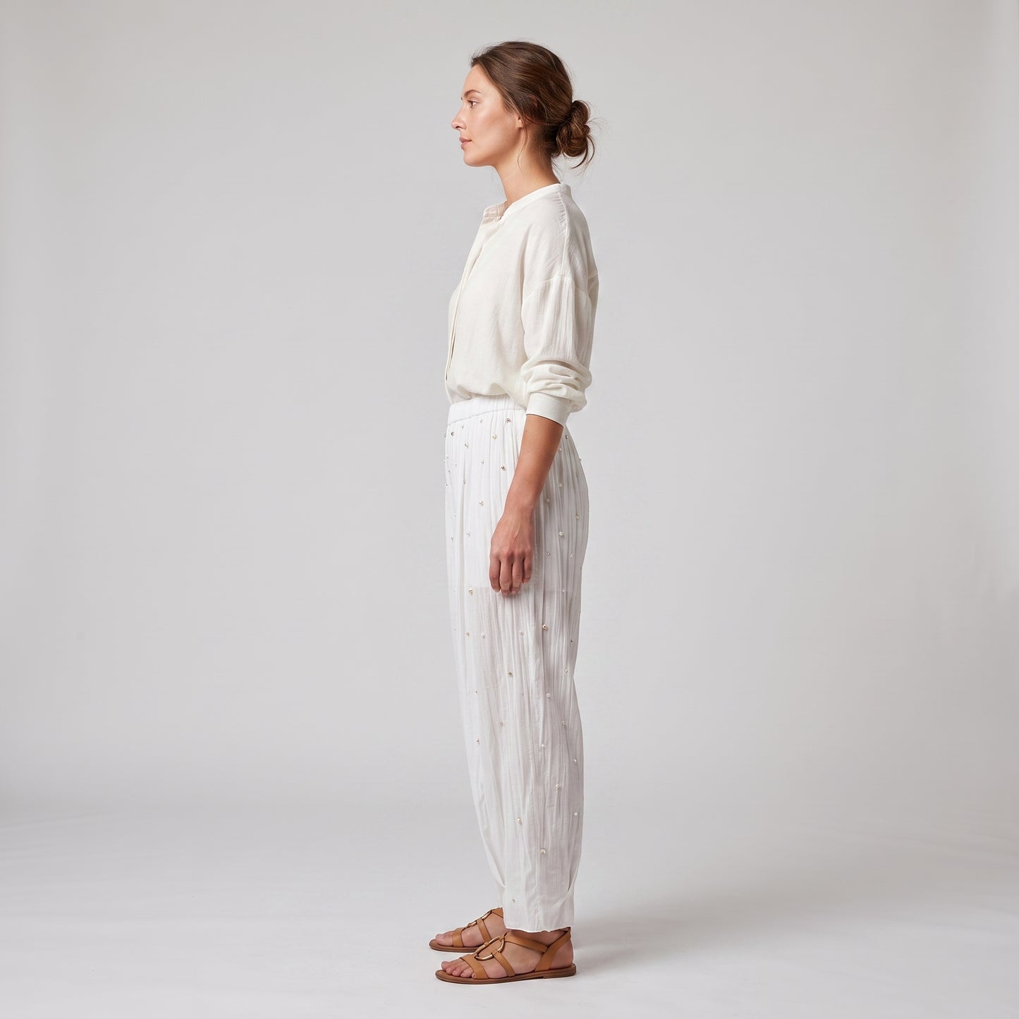 Embellished Pleated Cotton Trousers